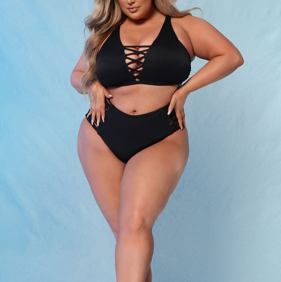 Plus Size Black Ribbed High Waist Bikini Set - Picture 1 of 3